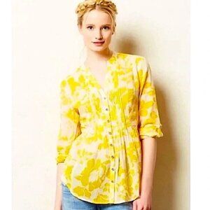 Maeve Anthropologie Yellow Floral Sheer Blouse Top Pleated Pintucked Peplum